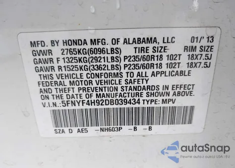 2013 Honda Pilot Touring from USA, damaged, VIN 5FNYF4H92DB039434